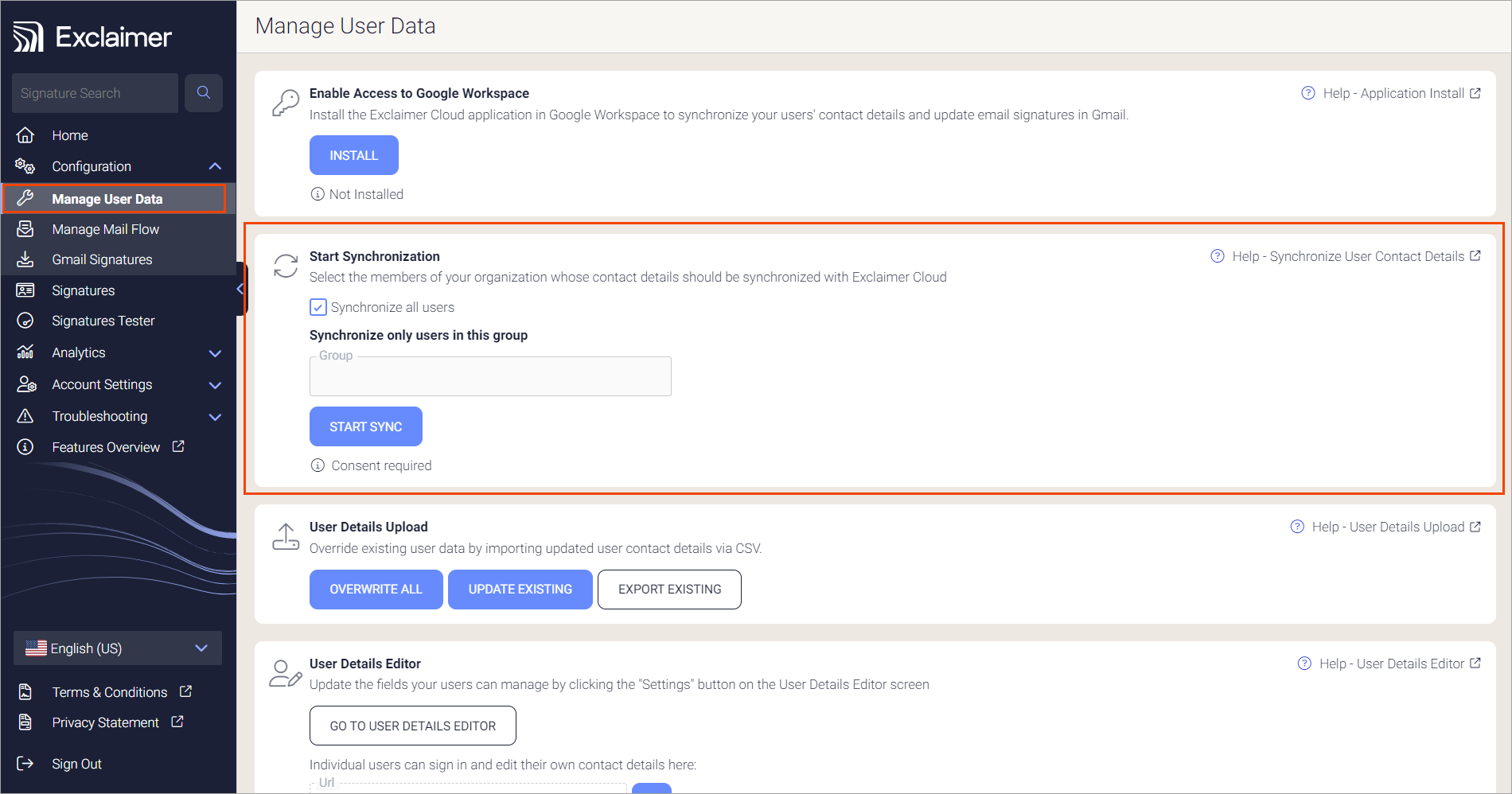 Synchronize user contact details for Google Workspace subscription